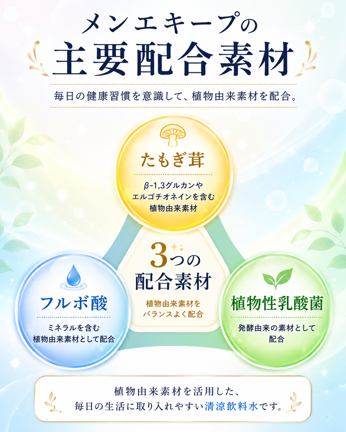 メンエキープの主要配合素材（たもぎ茸・フルボ酸・植物性乳酸菌）